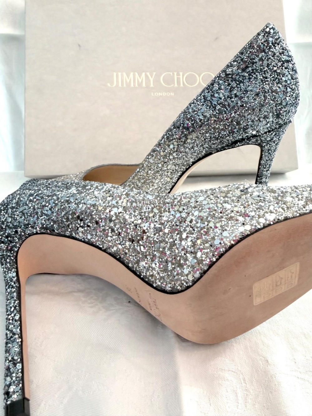 Jimmy Choo 38 Silver Dusk Blue Fireball Glitter 4 inch stiletto heel - Picture 5 of 5